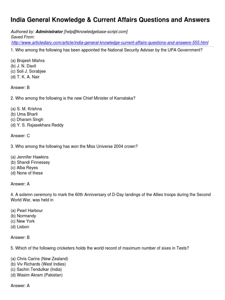 India General Knowledge & Current Affairs Questions and Answers | PDF