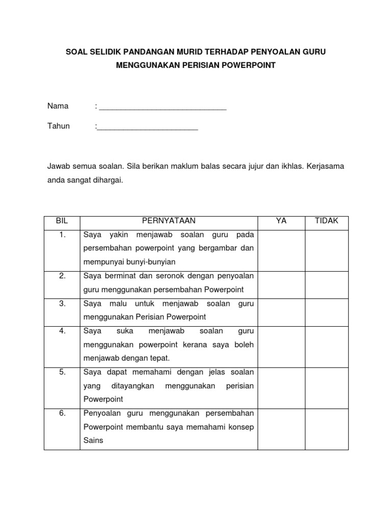 Soal Selidik Pandangan Murid Terhadap Penyoalan Guru Menggunakan Perisian Powerpoint Pdf