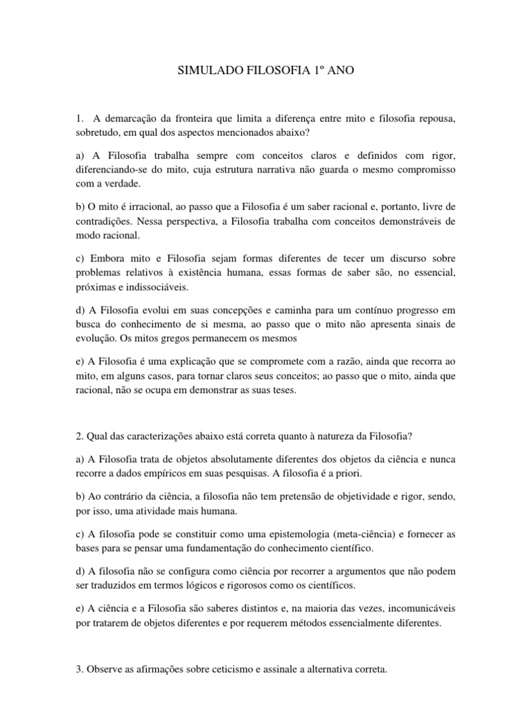 Simulado Filosofia Ensino Médio | PDF | Empiricismo | John Locke