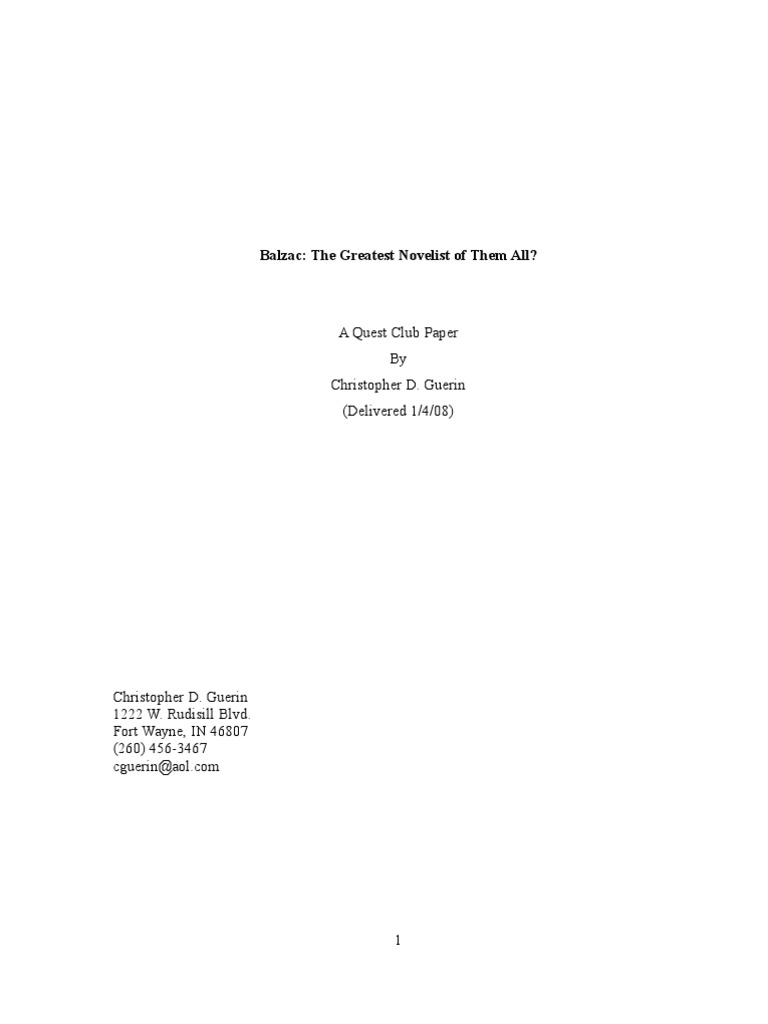 Balzac The Greatest Novelist of Them All? PDF Honoré De Balzac