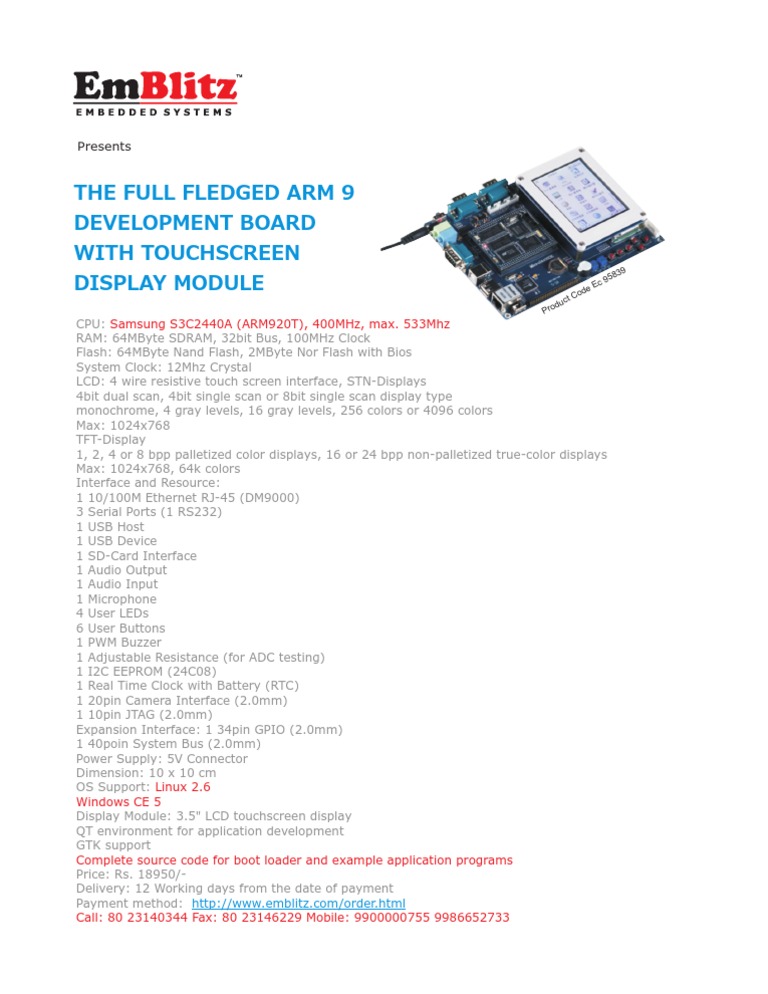 The Full Fledged Arm 9 Development Board With Touchscreen Display ...