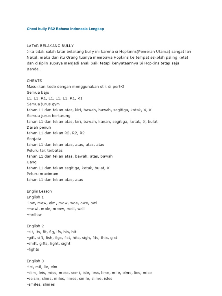 Cheat Game Bully Ps2