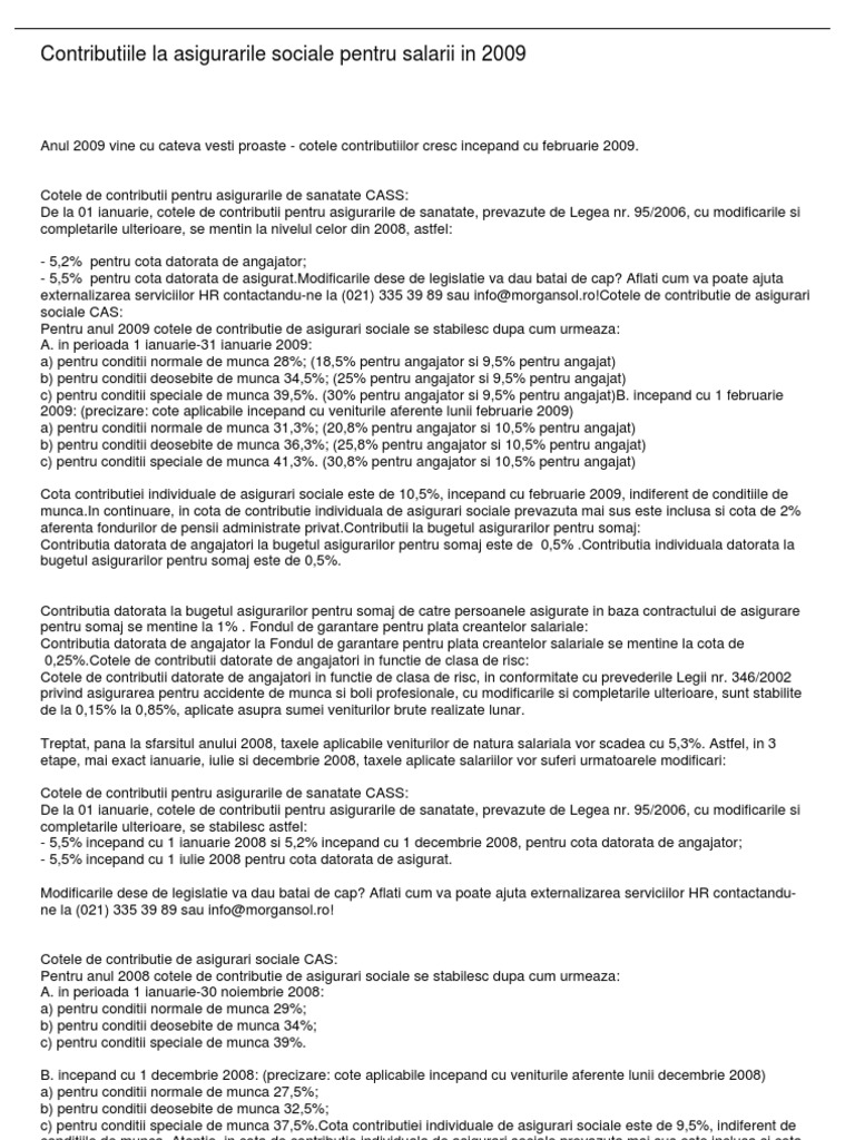 Contributiile La Asigurarile Sociale Pentru Salarii In 2009 Fisier Pdf Generat La 31 July 2009 12 34