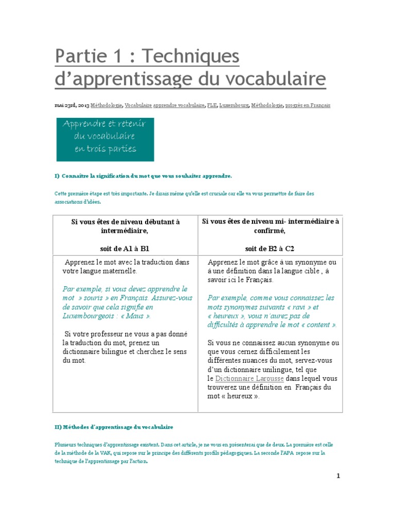 Techniques d'apprentissage du vocabulaire | PDF | Langue française ...