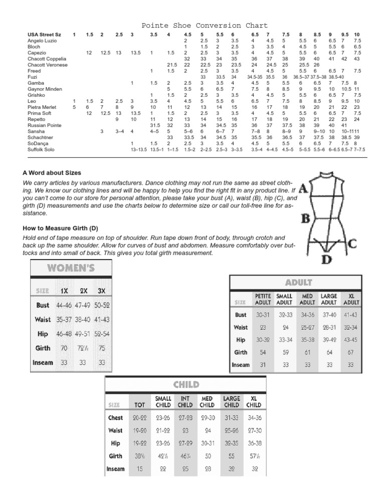 Pointe Shoe Conversion Chart A Word About Sizes PDF