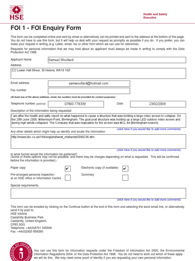 FOI 1 - FOI Enquiry Form: Samuel Woollard | PDF | Fax | Personally ...