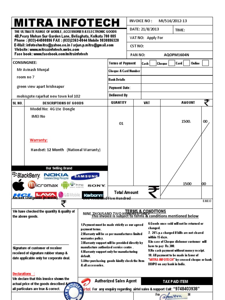 Airtel 4G Bill Invoice PDF