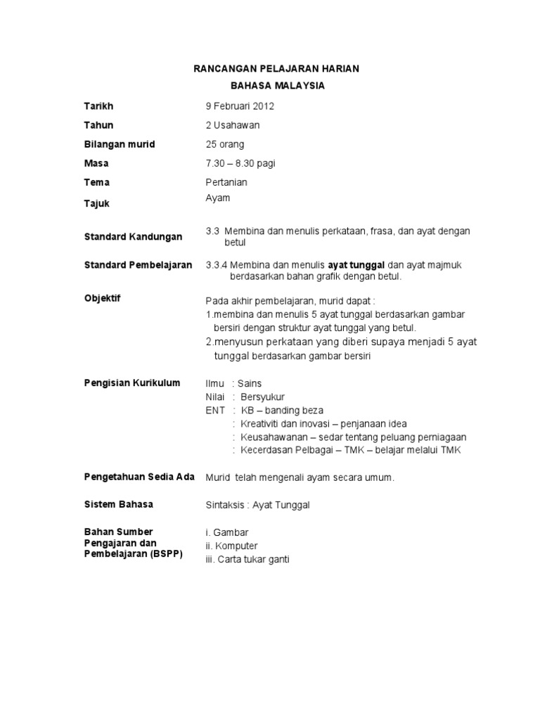 Contoh Kssr Rph Bmalaysia Tahun 2 Pdf