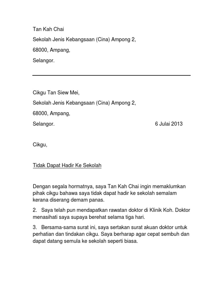 Surat Rasmi Tidak Dapat Hadir Ke Sekolah Pdf