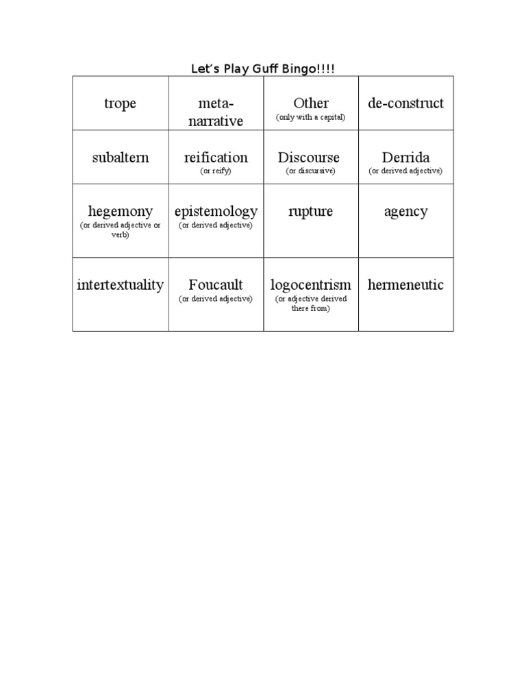 Guff Bingo: Exploring Literary Terms | PDF