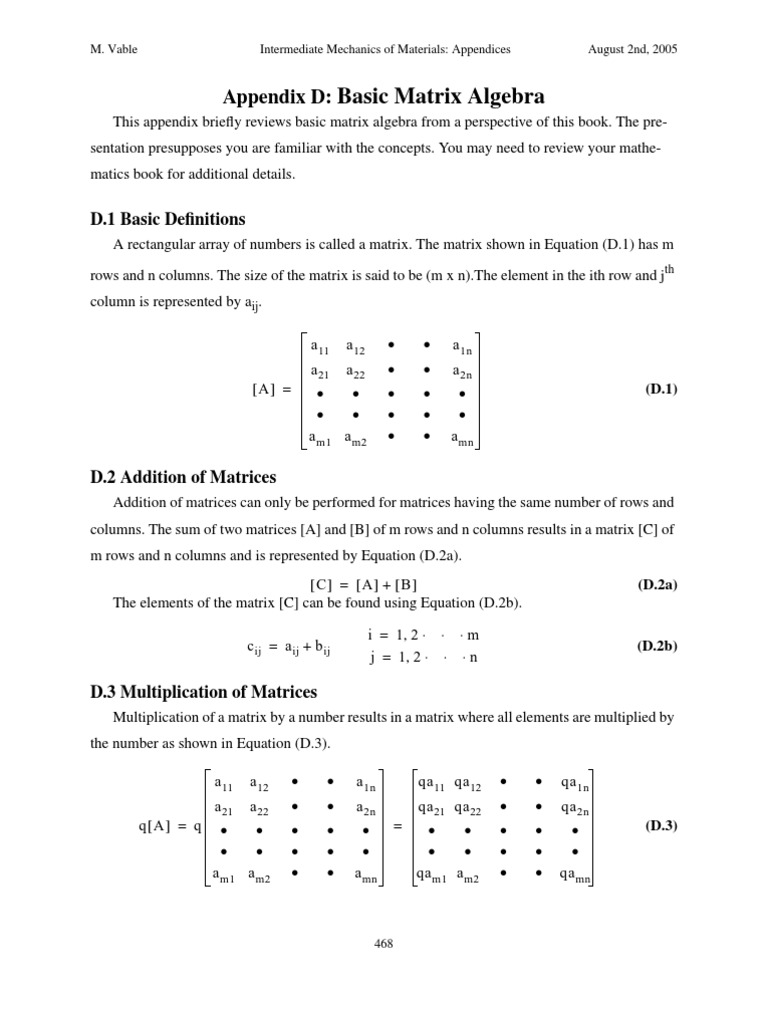Basic Matrix Algebra: Appendix D | PDF | Matrix (Mathematics) | Determinant