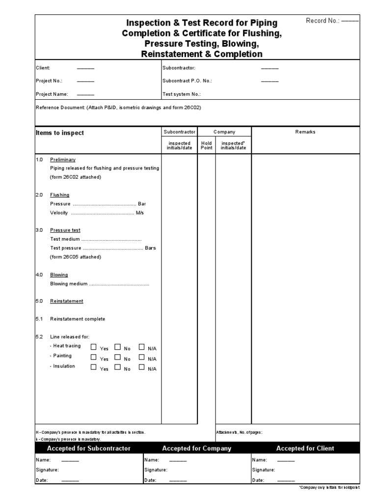 Piping Reinstatement Inspection Record | PDF