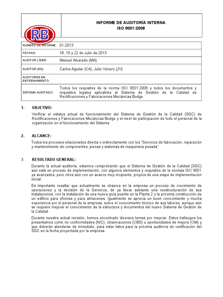 Informe de Auditoría Interna ISO 9001 | PDF | Calibración | Gestión de ...