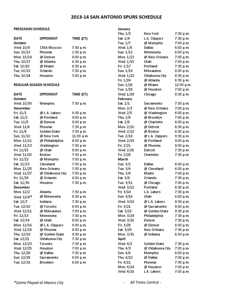 Spurs Schedule PDF