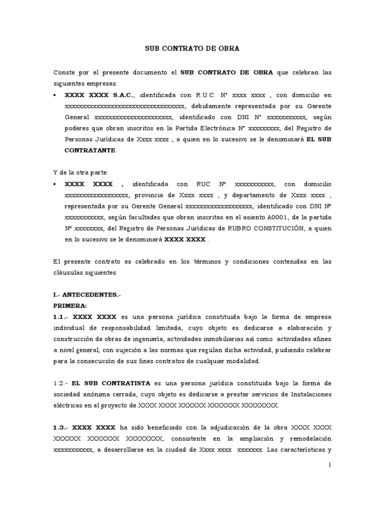 Subcontrato de Obra para Instalaciones Eléctricas | PDF | Seguro | Pagos