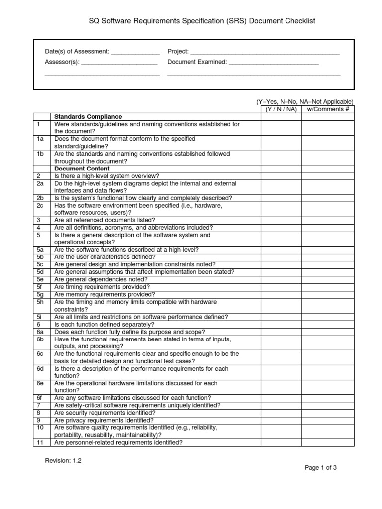 SRS Document Checklist Template | PDF
