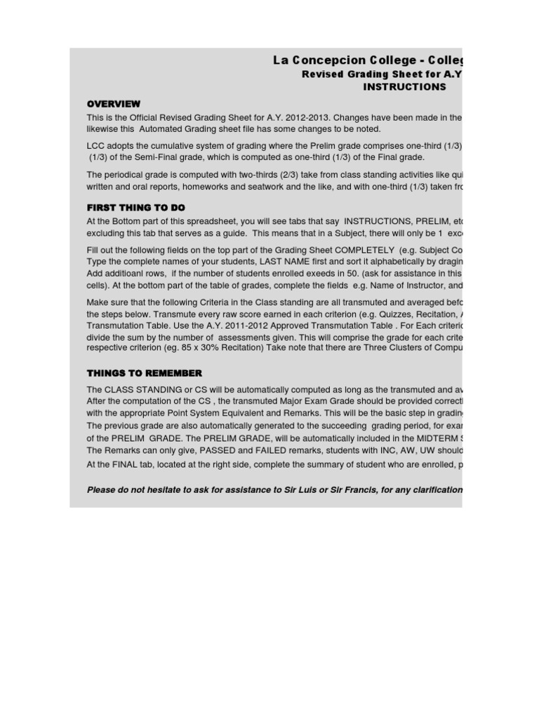 La Concepcion College - College Department: Revised Grading Sheet For A ...