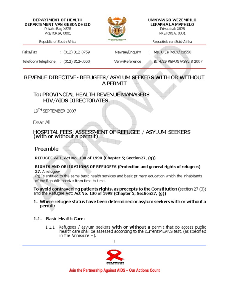 South African Government Revenue Directive on HIV Treatment to Refugees