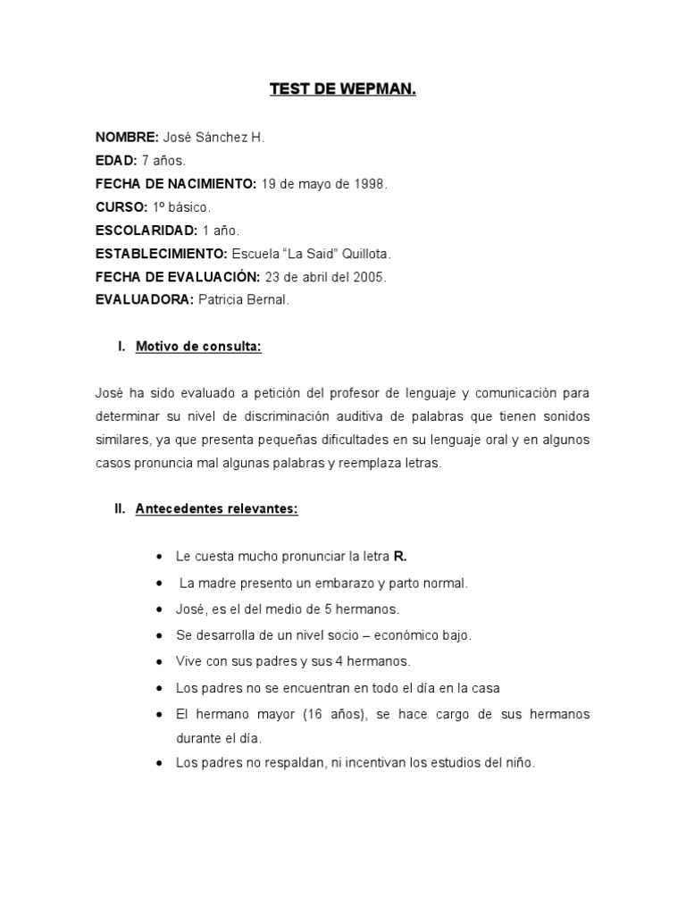 Evaluación del Test de Wepman a José | PDF | Discriminación