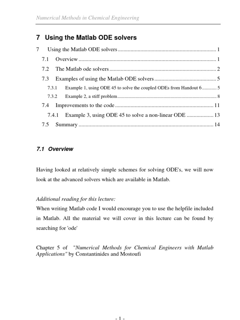 Using Matlab ODE Solvers in Engineering | PDF | Ordinary Differential ...