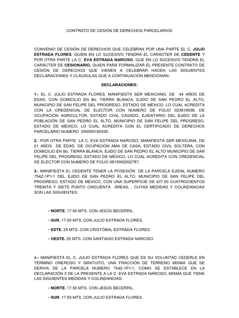 CONTRATO DE CESIÓN DE DERECHOS PARCELARIOS