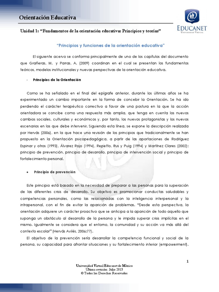 Principios y Funciones de La Orientación Educativa | PDF | Trabajo ...