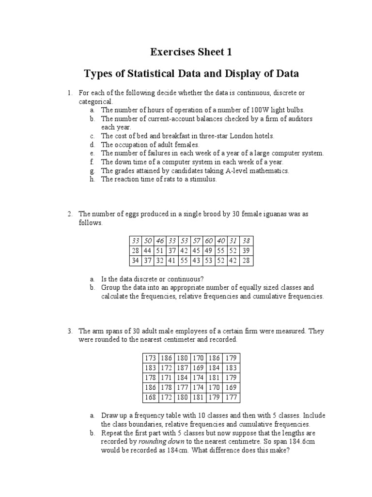 Exercises Sheet 1 Types of Statistical Data and Display of Data | PDF ...