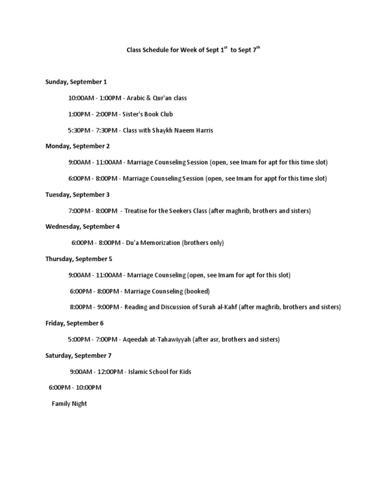 Class Schedule For 1st Week of Sept | PDF | Language Arts & Discipline ...