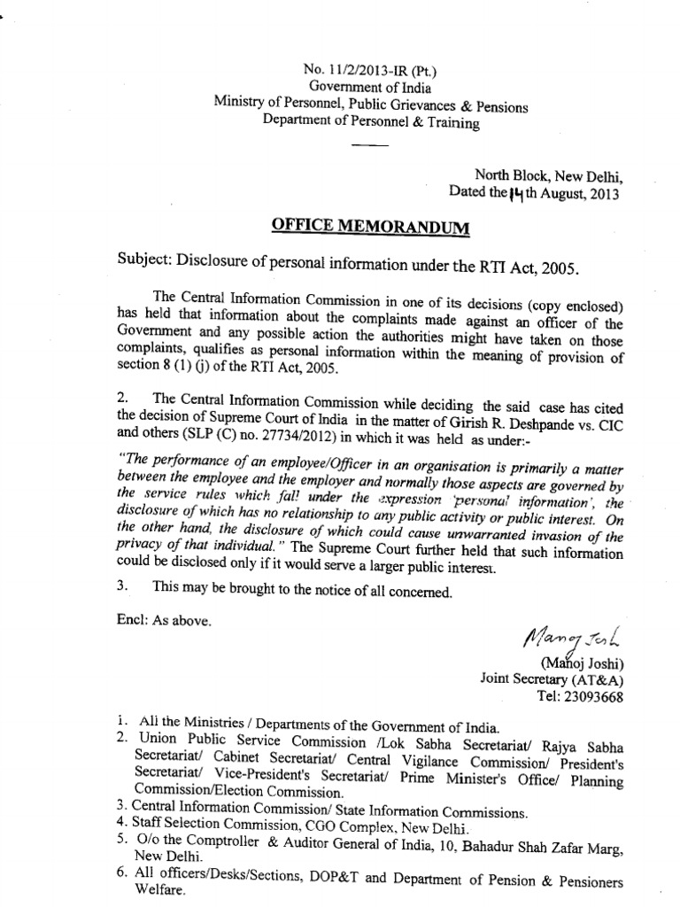 Office Memorandum Subject Disclosure of personal information under the