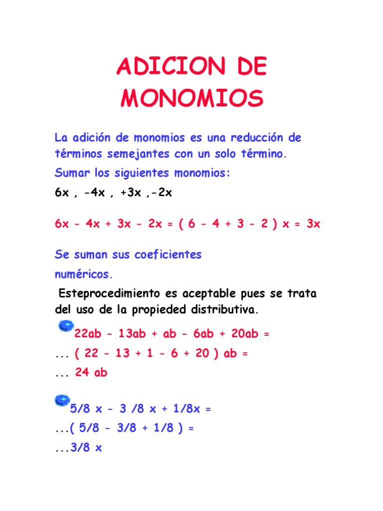 ADICION DE MONOMIOS