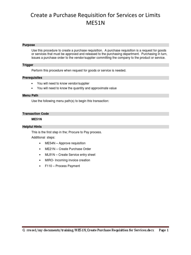 ME51N-Create a Purchase Requisition for Services.docx | Market ...