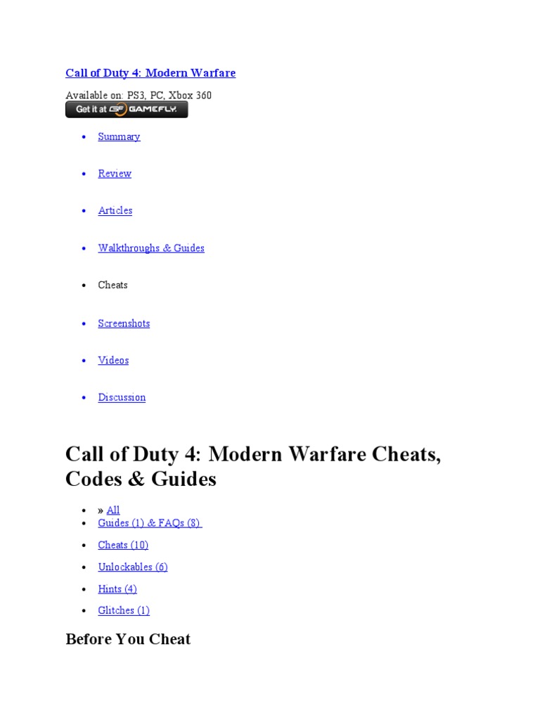 Call of Duty 4: Modern Warfare cheats