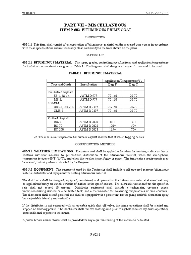 Bituminous Prime Coat Asphalt Specification (Technical Standard)