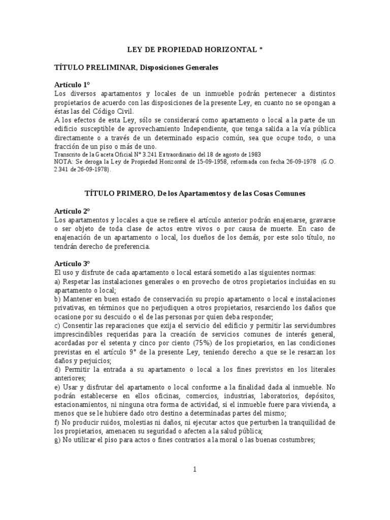 Ley de Propiedad Horizontal Condominio Propiedad
