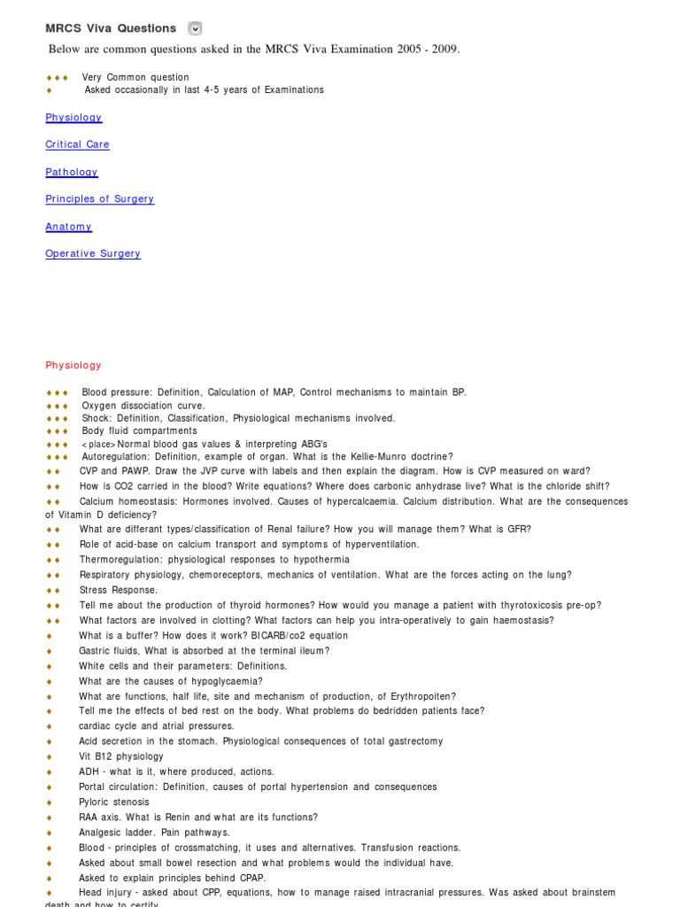 MRCS Viva Exam Key Questions | PDF | Shock (Circulatory) | Homeostasis
