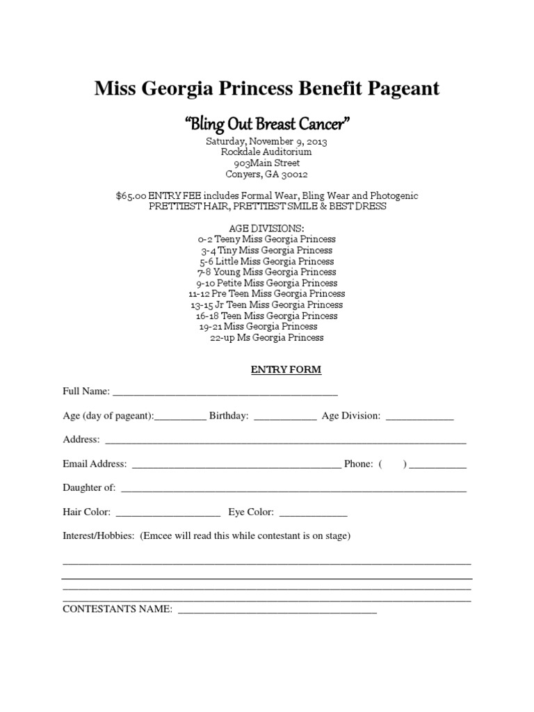 2013 Miss Princess Bling Out for Cancer Pageant Application
