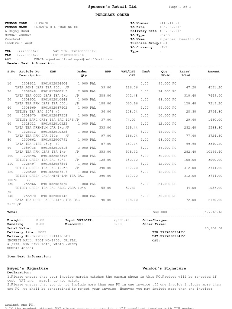 Ajanta Oil Trading Co Po_4102140710 Tea Invoice