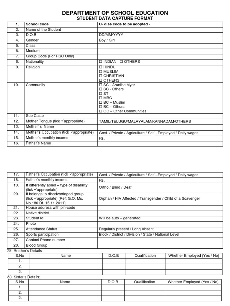 Student Data Capture Format From EMIS