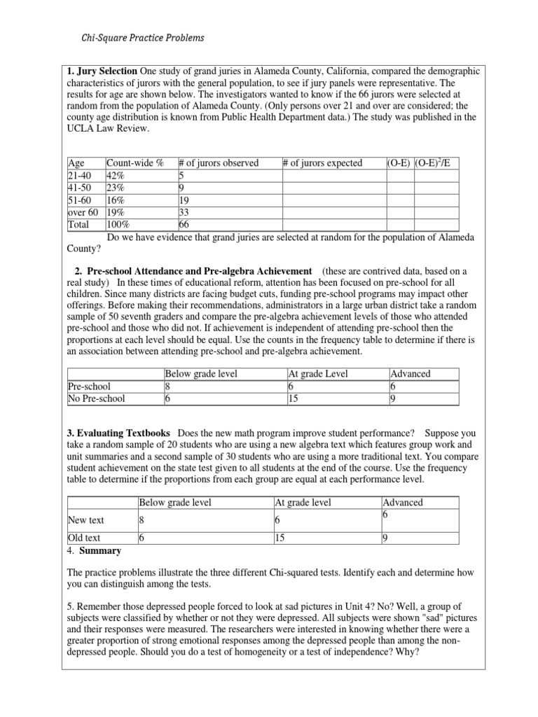 ChiSquare Practice Problems Chi Squared Distribution Preschool