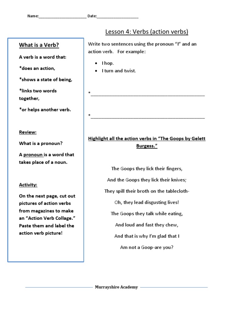 Lesson 4: Verbs (Action Verbs) : What Is A Verb? | PDF | Language Arts ...