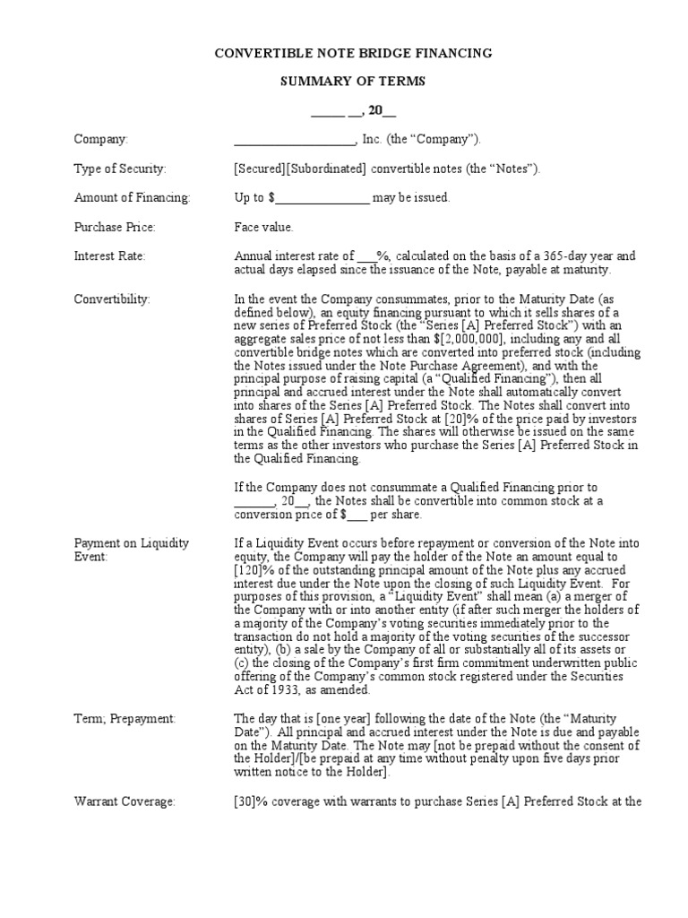 Convertible Note Bridge Financing Term Sheet  PDF  Stocks Throughout Convertible Note Term Sheet Template