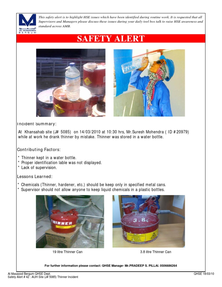 HSE Safety Alert: Thinner Incident | PDF | Technology & Engineering ...