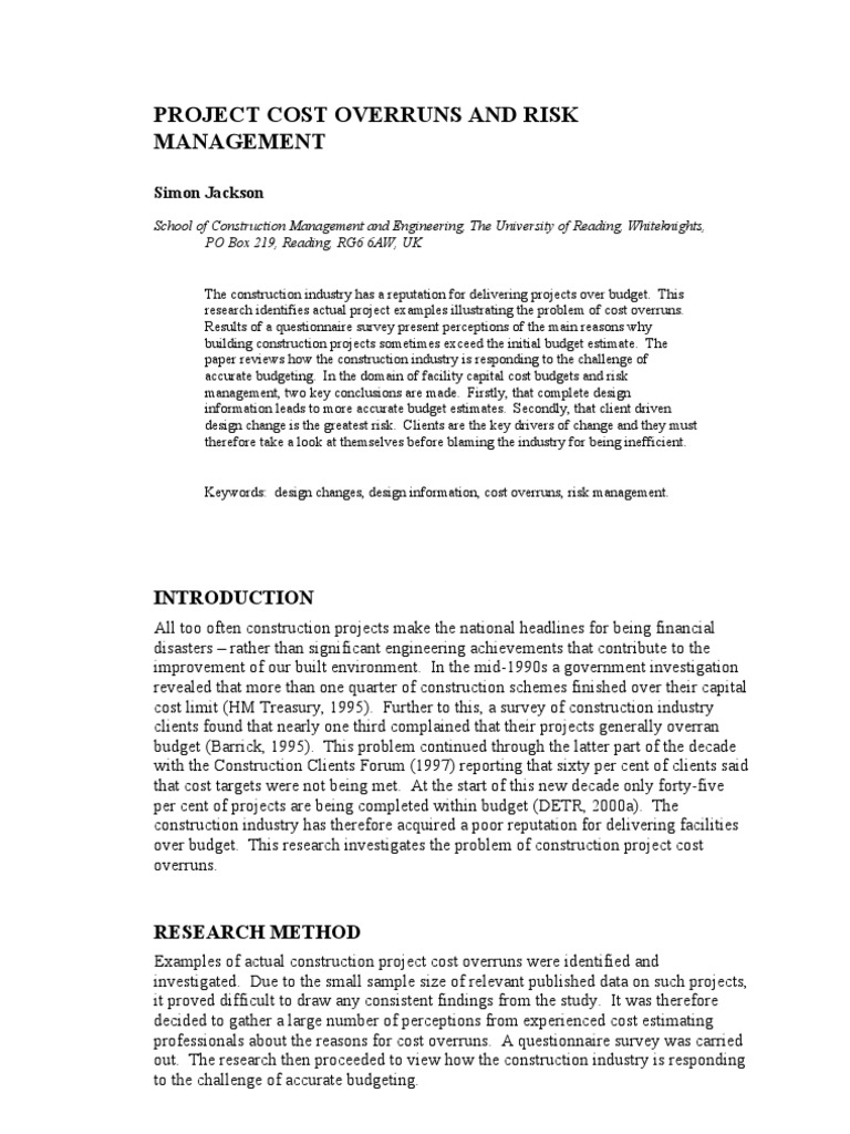 Cost Overruns in Construction Projects | PDF | Risk Management | Risk