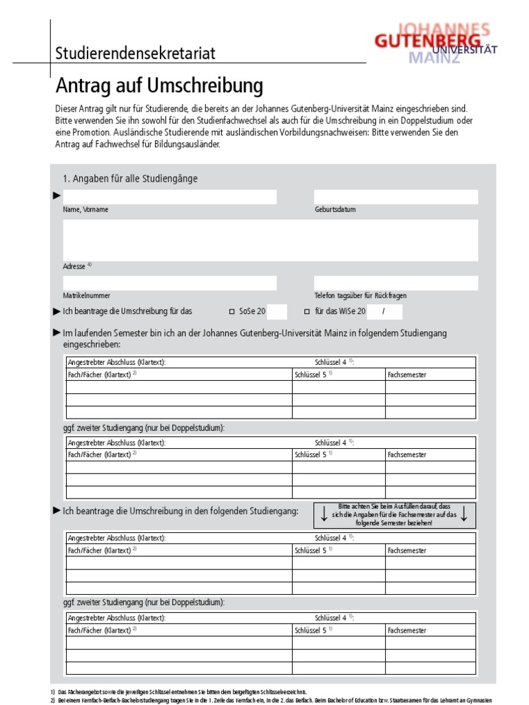Antrag auf Umschreibung: Studierendensekretariat