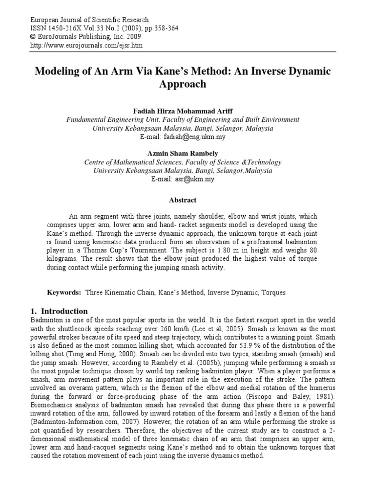 (2009) - Modeling of An Arm Via Kane's Method - An Inverse Dynamic ...