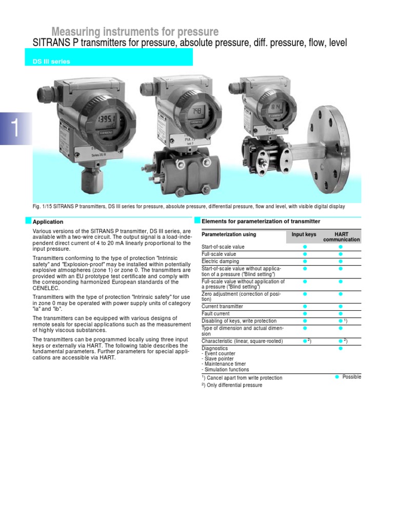Siemens Pressure Transmitter Pressure Measurement Pressure