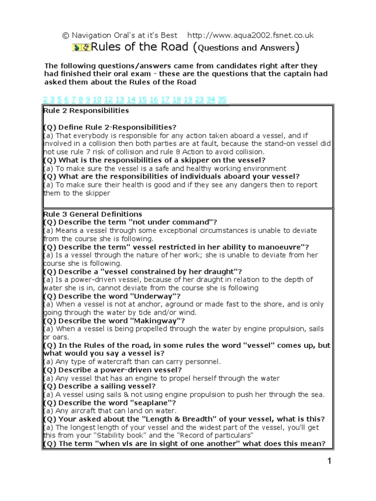 Navigation Oral Rules of The Road (Questions and Answers) PDF