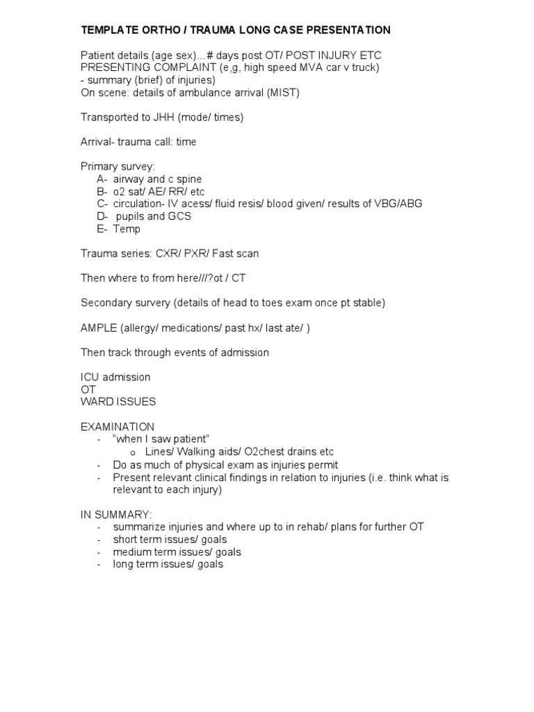 Trauma Long Case Presentation Template | PDF