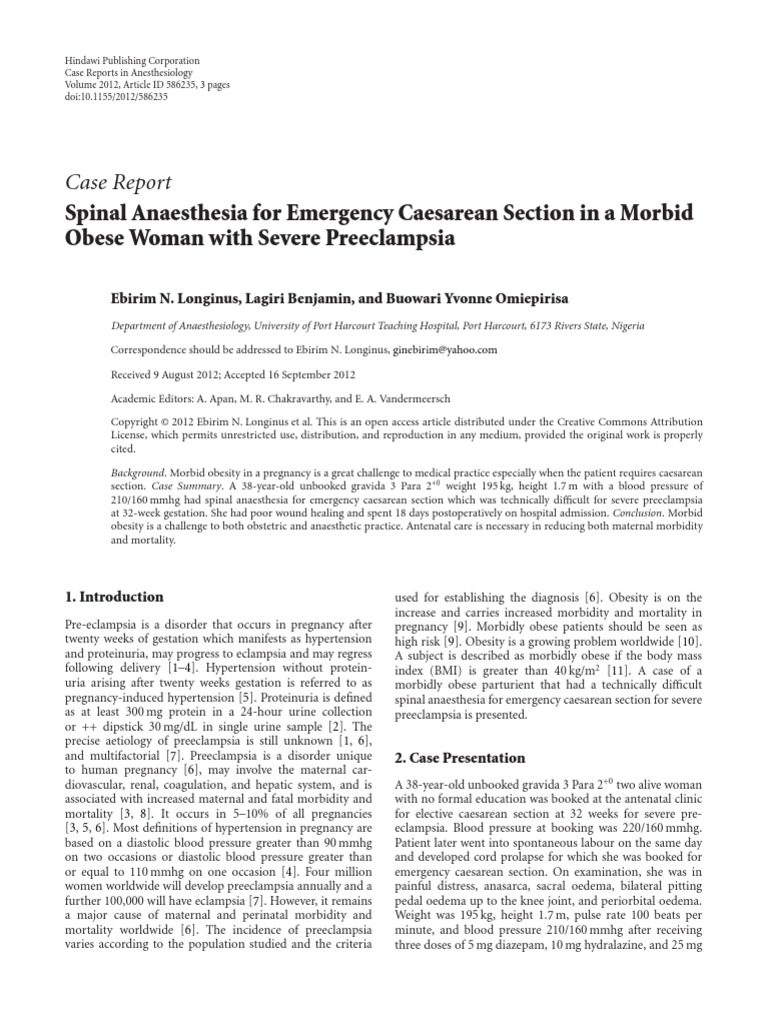 Case Report Spinal Anaesthesia For Emergency Caesarean Section in A