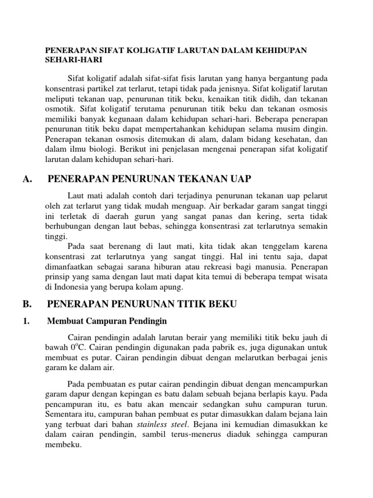 Makalah Penerapan Sifat Koligatif Larutan Dalam Kehidupan Sehari Hari